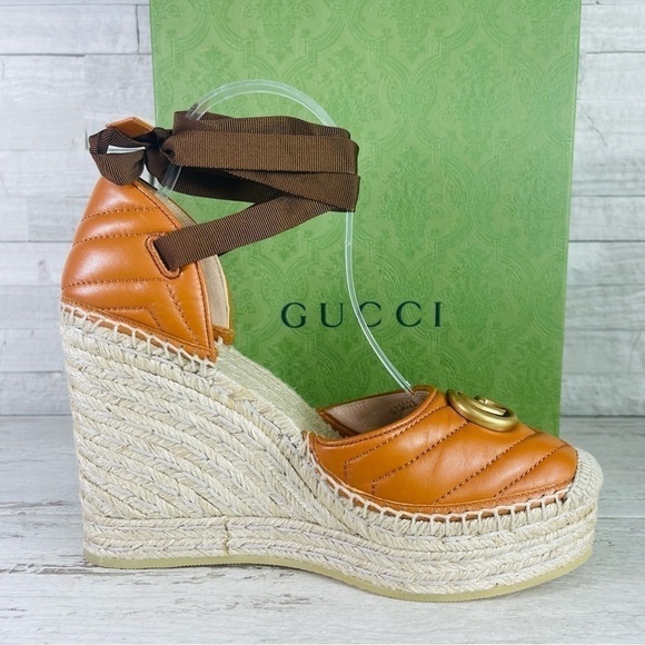 GUCCI SZ 40 Nappa Matelasse GG Marmont Ankle Wrap Espadrille Wedge Cognac - Picture 5 of 14